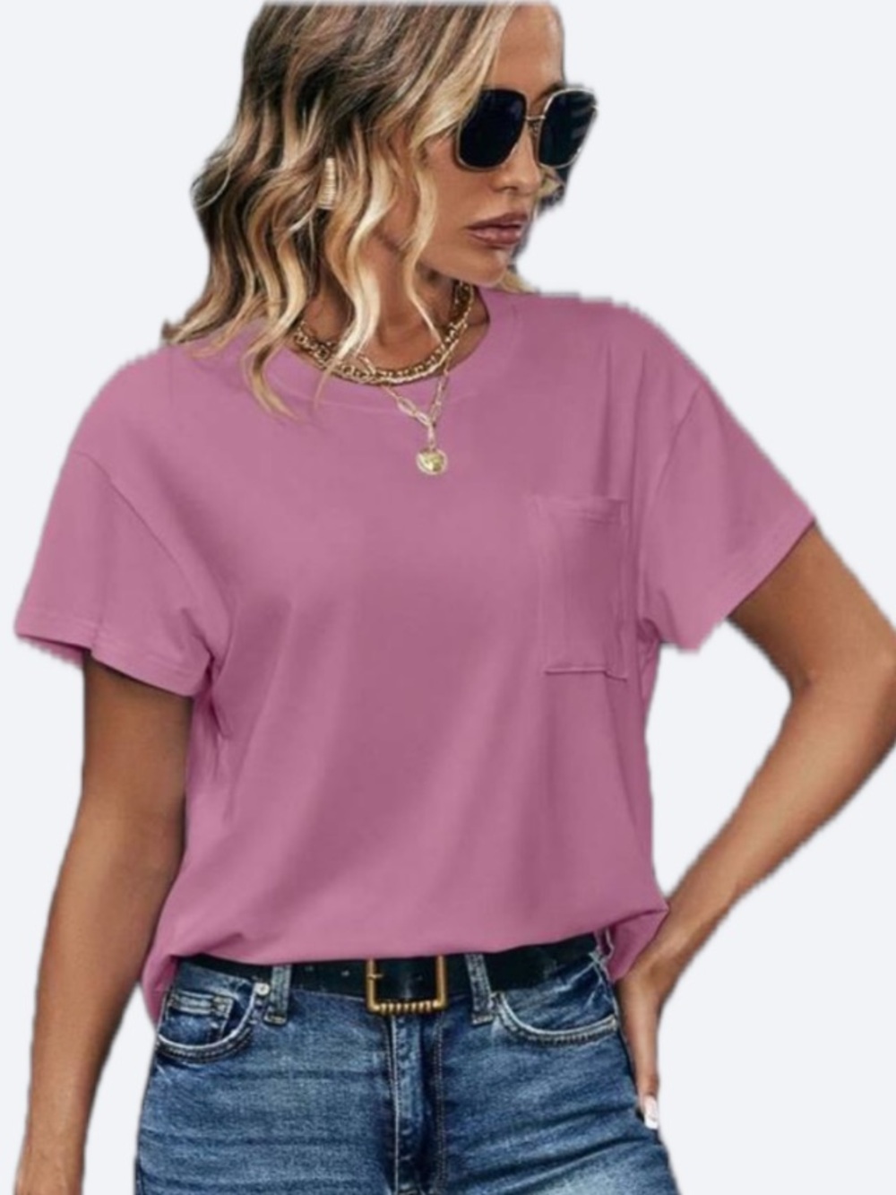 SHEIN Pink Classic T Shirt Short Sleeve Front Pocket Rounded Hem XL Stretch